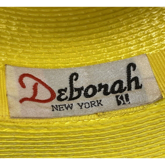 Vintage 80's Yellow & Black Deborah New York Straw Sun Hat Wide Brim w/ Feathers - Picture 6 of 9